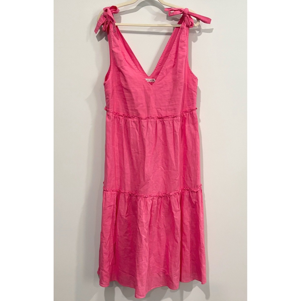 Slide Show Womens Midi Dress 10 Linen Tiered Ruffle Cottagecore Coastal 21324
